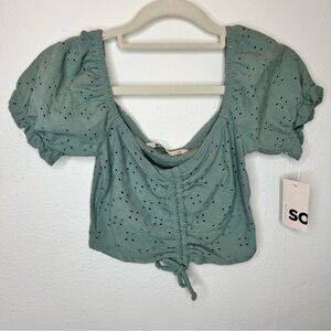 NWT SO Womens Green Cinch Front Puff Sleeve Crop Top Size X Small